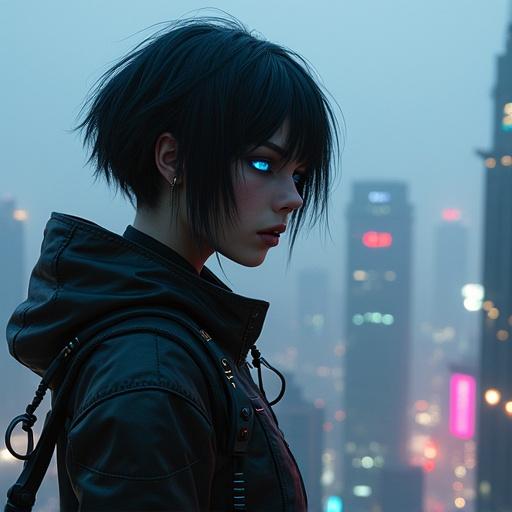 A female assassin stands on a building in a cyberpunk world. She has raven black short hair and bionic blue eyes. The city skyline is visible in the background. The scene conveys a sense of readiness and intensity.