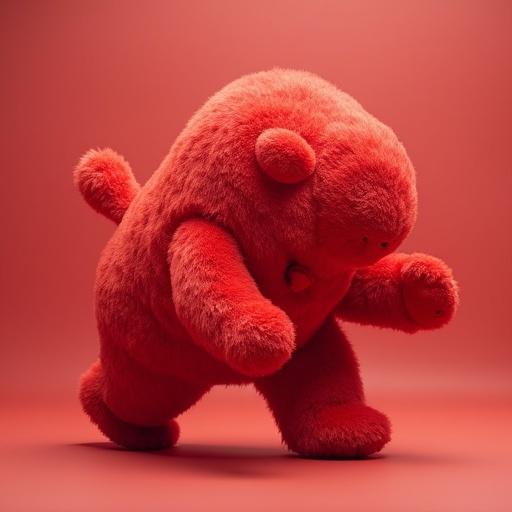 Super realistic image of a giant labubu toy walking on a red square background.