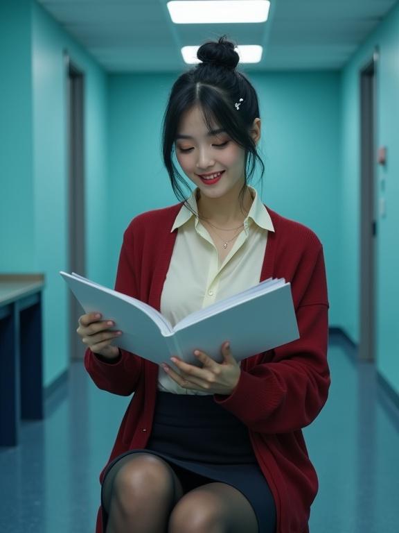 Full-body image features an East Asian female agent reading her intel files. The setting is an agency building with blue walls. She wears black pantyhose and block heel shoes. The outfit consists of a light-blue blouse, a knee-length skirt, and a cherry-red cardigan. Black hair is styled in a bun with a white flower clip. The background has a modern ambiance.