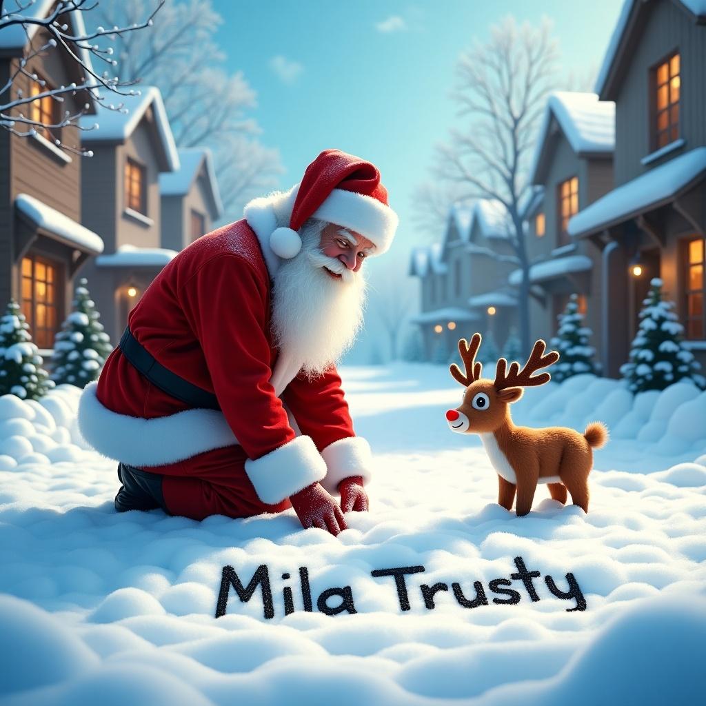 The image features Santa Claus in a snowy landscape. He writes children's names in the snow. A cheerful little reindeer observes him. The scene is bright and vibrant. The atmosphere is magical and festive. Santa is dressed in red and white. The street has quaint buildings. Soft winter light illuminates the scene. The image evokes joy and cheer for the holiday season.