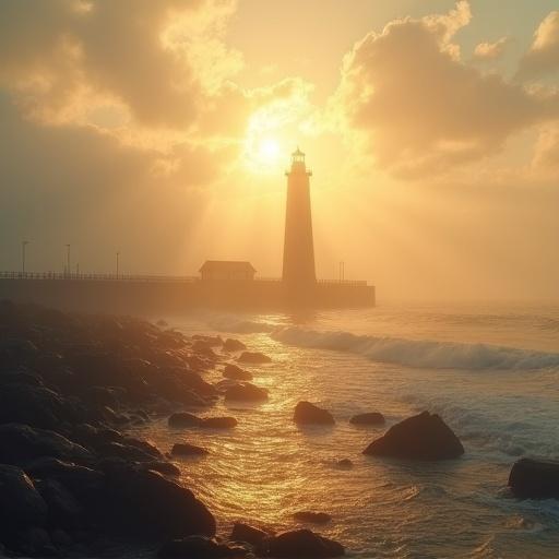 A distant lighthouse appears through thick morning fog with golden sunlight scattered in rays reflecting on wet rocks and blurred waves. Structure rendered in glowing strokes resembling Turner's style with an ethereal, painterly quality and warm misty colors.