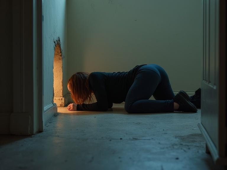 Female figure crawling on the floor. Searching through a hole in the wall. Side view perspective. Dimly lit environment.