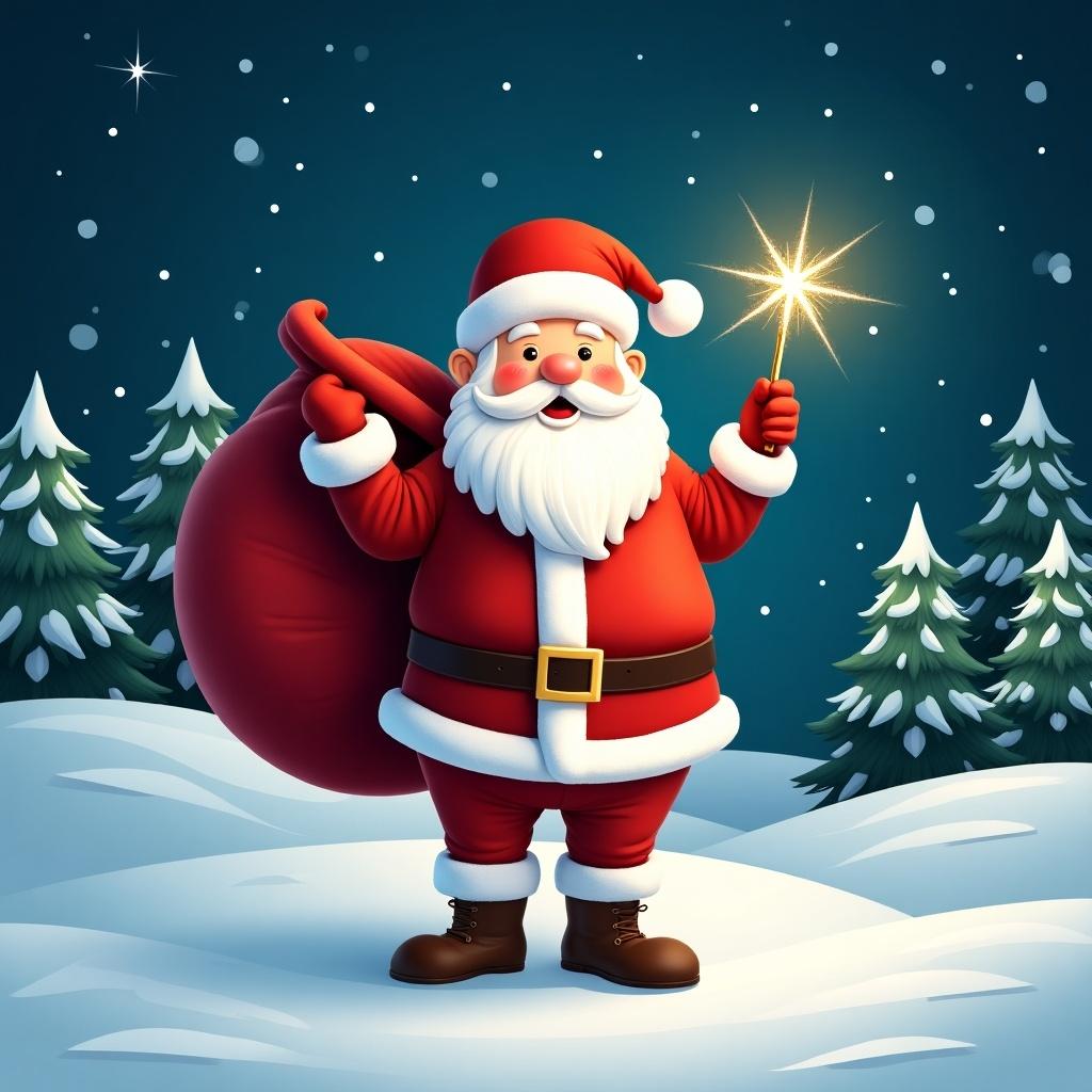 The image features a cheerful Santa Claus standing in a snowy landscape. He has a large red sack slung over his shoulder and is holding a sparkly wand. Santa is dressed in his traditional red and white outfit, complete with a belt and boots. Behind him, the night sky is illuminated with twinkling stars. Pine trees dot the snowy ground, encapsulating a festive winter atmosphere. The background features a starry night sky filled with sparkling stars.