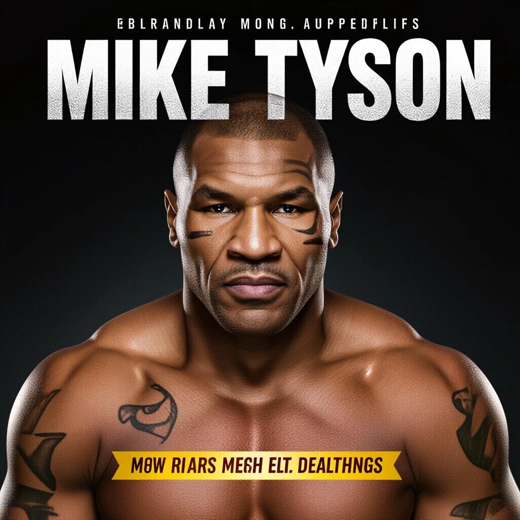 Mike Tyson depicted in a stylized manner. Focus on muscularity and athleticism. Strong visual impact with high contrast and dramatic lighting. Background incorporates bold text and vibrant colors for emphasis.