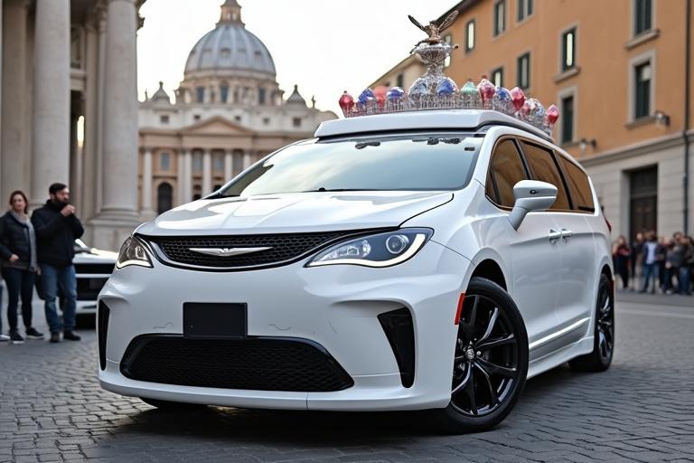 White Chrysler Pacifica designed as a Popemobile parked in St. Peter's Square next to a white Challenger Hellcat. Highly detailed and realistic scene.