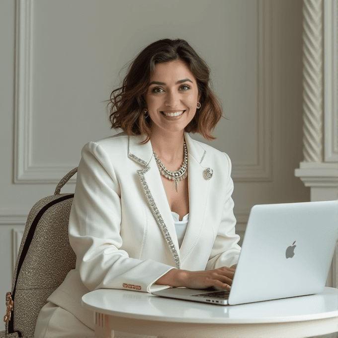 A woman in a white outfit sits at a table with a laptop, looking thoughtfully to the side.