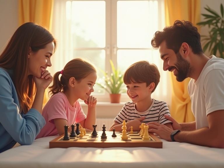 A happy family of four sitting around a chessboard at home. Parents and two children are playing and smiling. Bright and friendly atmosphere with natural light and soft colors. Chessboard in focus with engaged interaction. Cozy living room in background. Horizontal layout with high resolution.