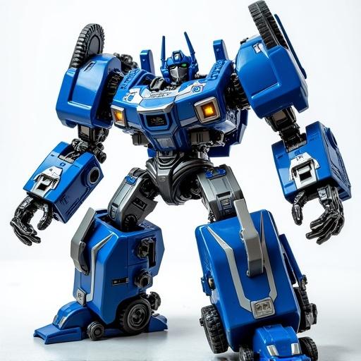A transformer-style robot resembling a train in electric blue and metallic white colors is posing heroically. The robot is built with various mechanical details, exuding a futuristic vibe.