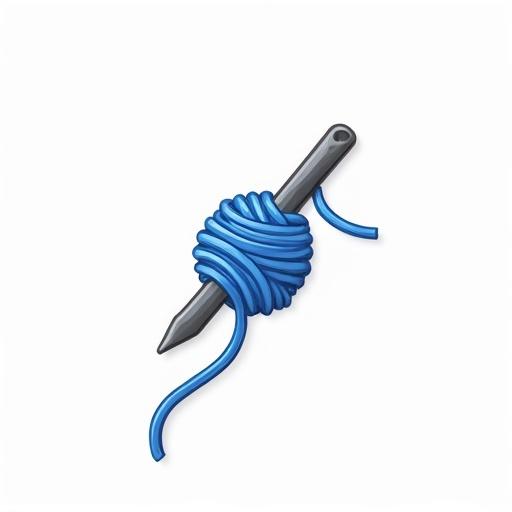 Logo design depicting a grey crochet hook intertwined with blue yarn on a white background.