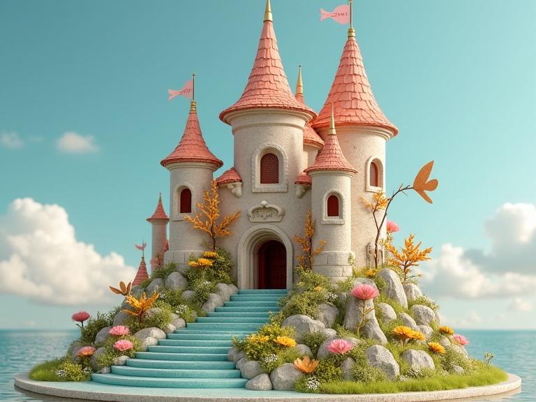A fantastical castle design resembling a birdhouse with turrets and vibrant floral arrangements. Set against a serene blue sky and calm water.