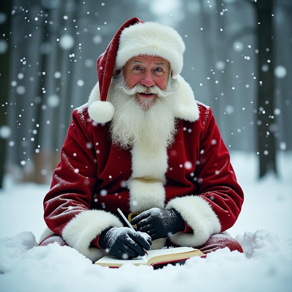 Santa Claus in red suit sitting in snow writing in a book surrounded by woods. Snowflakes are gently falling.