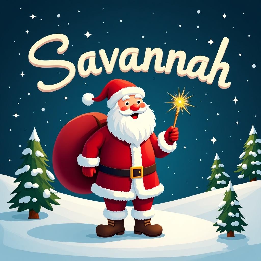 The image features a cheerful Santa Claus standing in a snowy landscape. He has a large red sack slung over his shoulder and is holding a sparkly wand. Santa is dressed in his traditional red and white outfit, complete with a belt and boots. Behind him, the night sky is illuminated with twinkling stars. Pine trees dot the snowy ground, encapsulating a festive winter atmosphere. The name Savannah is spelled out in the sky.