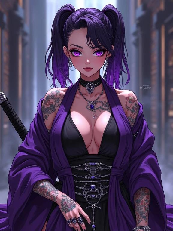 Anime woman futuristic character design featuring elegant amethyst purple elements. Beautiful and muscular featuring luxurious tattoos. Dressed in modern sexy kimono with galactic yakuza theme. Serious expression and strong physique holding katana. Set inside a spectacular black hole society environment.