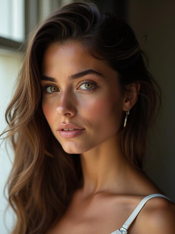 Close-up portrait of a 22-year-old woman with brown hair looking to the left