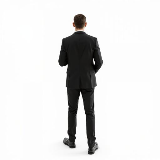 A full body image of a man standing straight. He is wearing a black suit. The background is plain white. The man is viewed from the back. The composition is unrealistic and stylized.