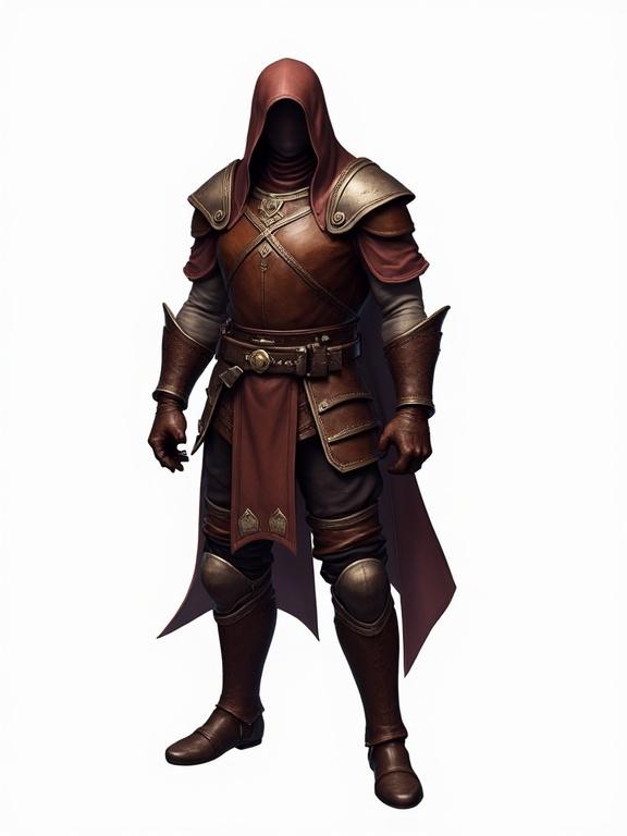 Armored character wearing a hooded cloak. The figure has no visible head, hands or legs. The design features leather equipment and armor elements. Suitable for an ARPG game context. Transparent background highlights the character's details.