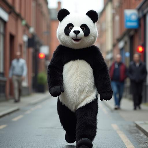 A man dressed in an animated panda costume walks down a street in Barnsley, UK. The street is lined with buildings. A few pedestrians can be seen in the background.