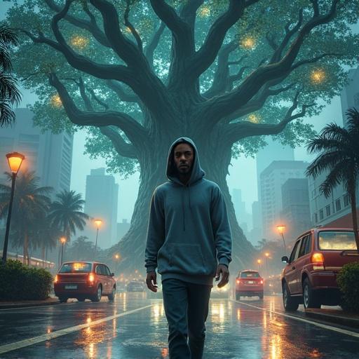 Digital painting of a Caribbean man in a gray hoodie and glasses walking on wet asphalt during rain. Behind, a massive banyan tree in a tropical city with glowing bark. Digital runes float around, merging roots with urban architecture and bioluminescent circuits. Bright natural lighting and a slightly cloudy sky.