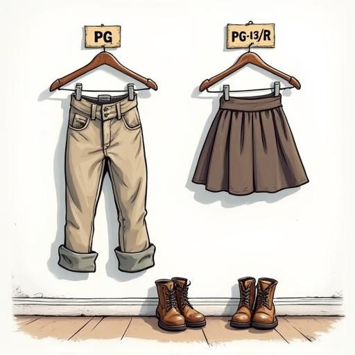 A cartoon of a dressing room with a white wall. On the left is a label reading PG with trousers hanging below. On the right is a label reading PG-13/R with a skirt below it. Leather boots are on the floor.