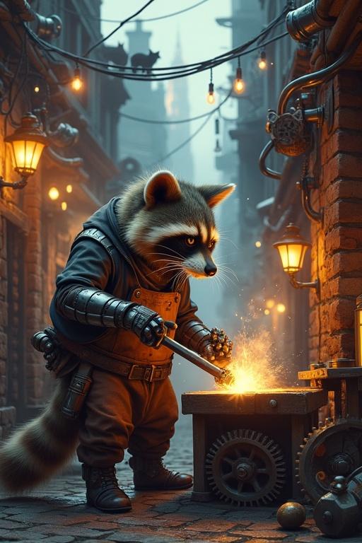 A raccoon blacksmith works in a steampunk alley. The raccoon forges parts for a robotic prosthetic. Steam coils and spinning pulleys are present. Mechanical cats walk on the rooftops. Warm lights reflect off gears on ancient brick walls.
