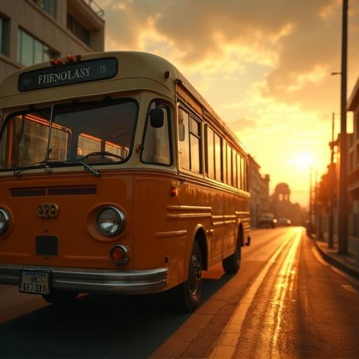 Extremely wide angle and distant view of a bus with a cargo hold in the back. Golden brown color scheme. Scene looks cinematic.