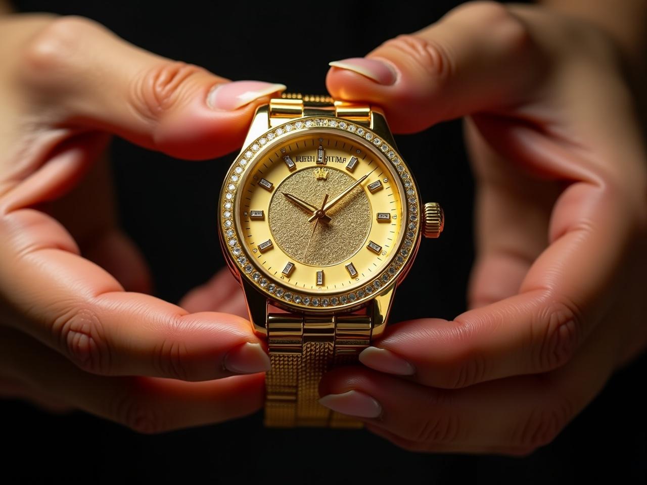 The image features a luxurious gold watch being held by two hands. The watch is designed with a shiny gold face and diamond markers, proudly displaying the name 'PRESIDENT TRUMP' on its surface. The watch band is also crafted in gold, featuring a classic link style. The fingers are gently grasping the watch, showcasing the intricate details and elegance of the piece. The nails of the hands are to be retouched to appear more elegant, ensuring they are well-groomed and polished. The entire scene exudes a rich and upscale feel, highlighting the luxurious nature of the watch.