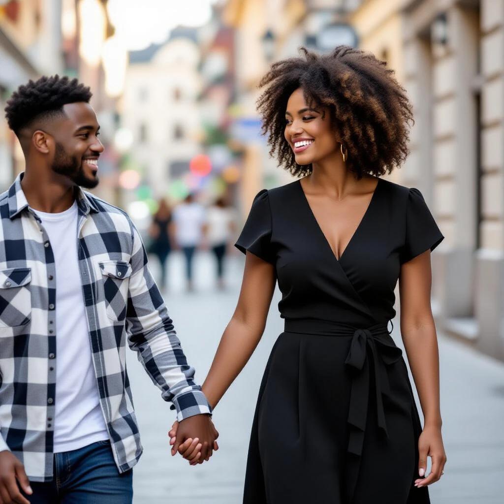 A couple walks hand in hand down a lively city street. The woman wears a stylish black dress and the man is in casual attire. They both smile, exuding happiness.