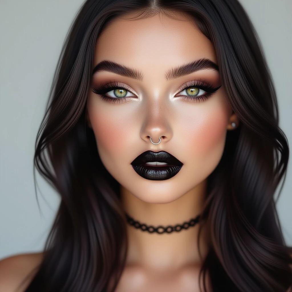 Realistic full-face portrait of a young gothic woman. She has plump lips in glossy black lipstick and a neutral expression. Deep black eyes with long lashes and bold eyeliner. Pale skin with dark brown freckles. She wears a silver septum ring. Long dark hair flows naturally. The portrait has even lighting and a plain background. Highly detailed.
