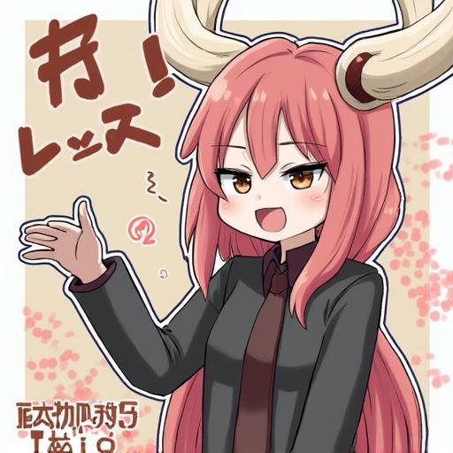 Anime character with long pink hair and horns. Cute expression and playful pose. Bright colors used. Cartoon style art.