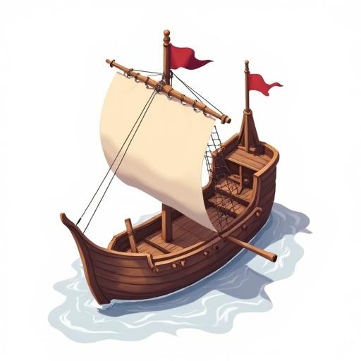 2D illustration of a medieval ship in vector style. Ship has a sail and flags. Background is white, no lighting or shadows. Ship is centered in the frame with a clean aesthetic.