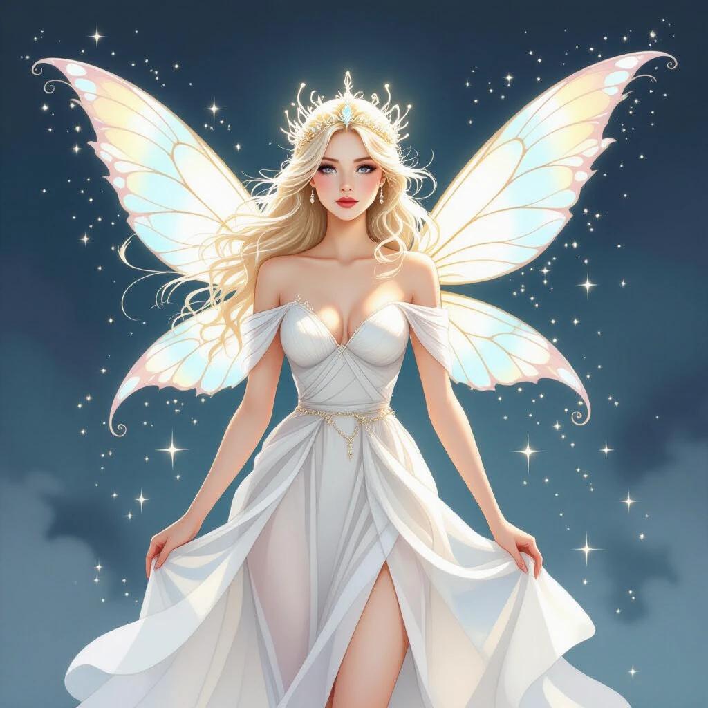 Ethereal fairy woman with gossamer wings. She wears a silk dress. Skin appears glowing. Pearl crown adorns her head. Elegant posture is highlighted. Illustration is rendered in watercolor style. Isolated on a white background.