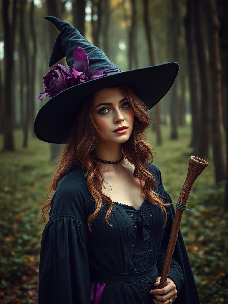 A mysterious young woman dressed as a witch stands in a dense, slightly foggy forest. She wears a dark, flowing dress and a tall witch's hat adorned with purple ribbons and flowers. Holding a wooden staff, she gazes intently towards the viewer, exuding an aura of mystique and magic.