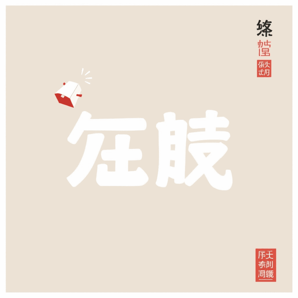 A beige background featuring a stylized white Chinese character with a red and white bell graphic in the top left corner.