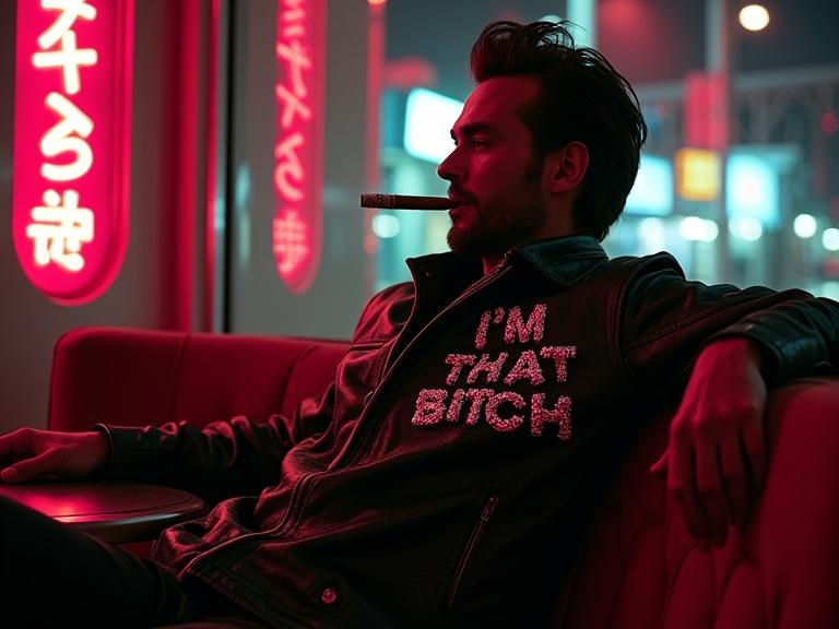 Loki from an over-the-shoulder perspective in a greaser jacket. The jacket reads I'm that bitch in chrome gothic letters. Sitting in a retro-futuristic suite. Surrounded by velvet chairs and metallic art-deco details. Neon signs reflect on silhouette. Casual cigar smoking.