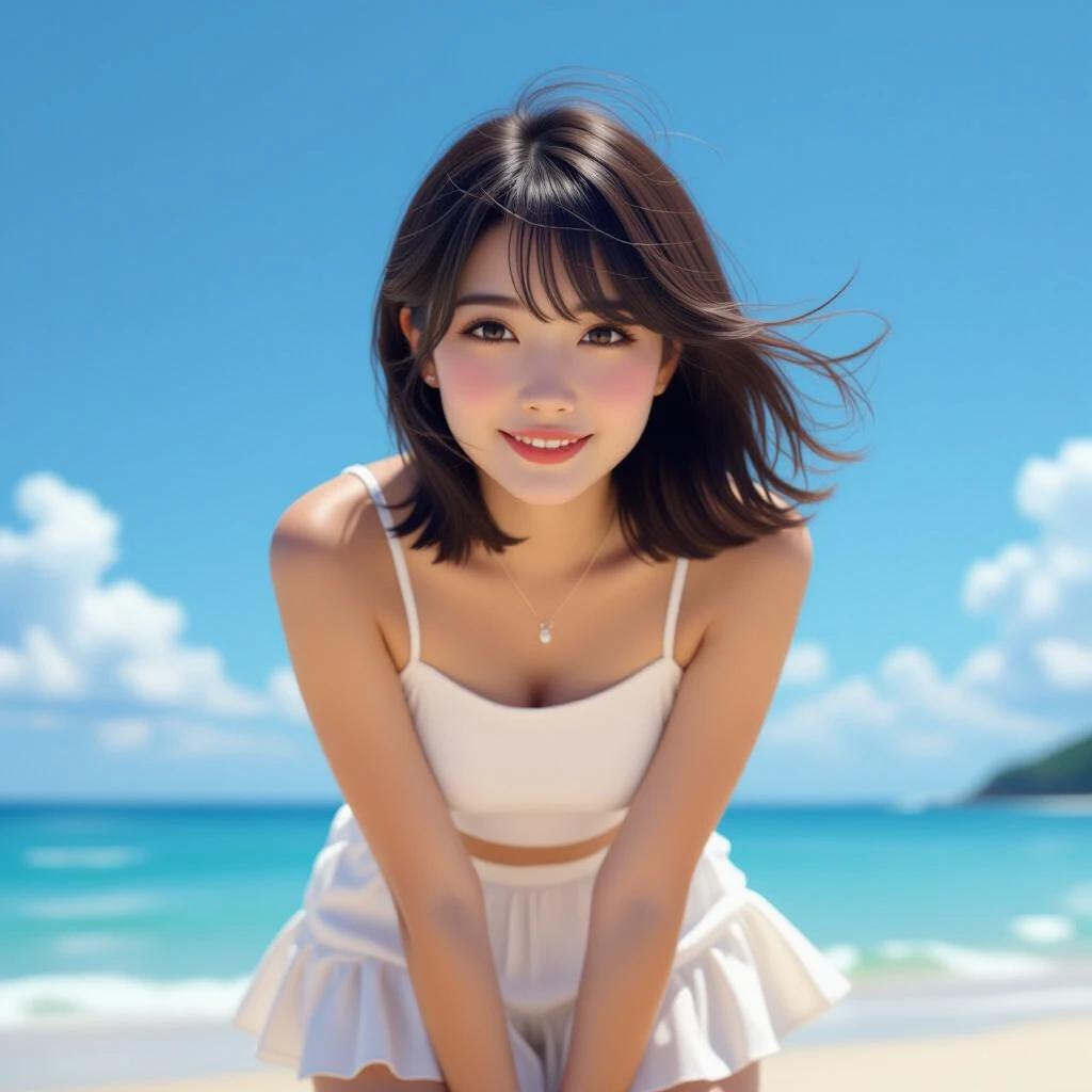 Photorealistic portrait of a girl at the beach. She has short brown hair and a smiling expression. The background is a clear blue sky and ocean. She wears a white sleeveless top and a frilled skirt. Full body shot with sharp focus. The scene evokes a joyful summer atmosphere.