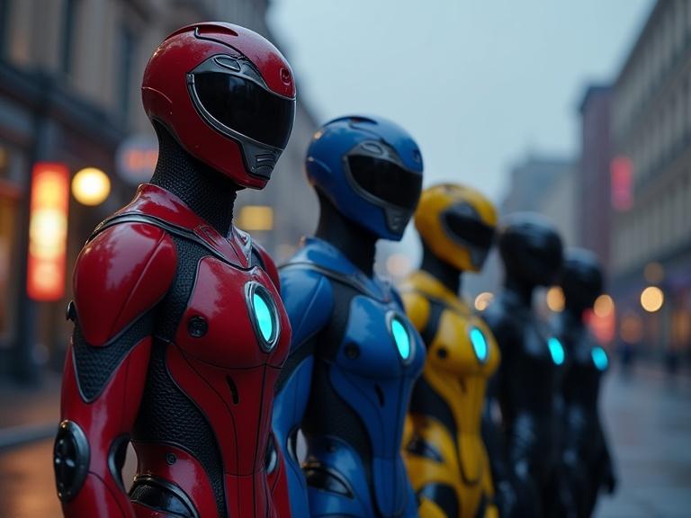 Dark cinematic scene showing a lineup of rangers in varying colors. Each ranger wears a biomechanical exo armor with glowing features. The setting is a cloudy town street with store fronts and street lights visible. Detailed textures with organic lines and reflections are present.