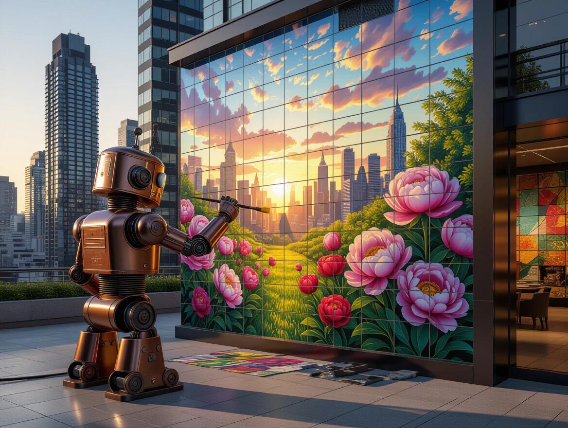 A cute steampunk robot painting a vibrant mural on a futuristic building. The mural shows a lush garden with oversized peonies and wildflowers. The setting sun bathes the scene in warm light. Robot's copper patina contrasts with the colorful art and sleek architecture. Style reminiscent of Syd Mead combined with Ash Thorp and Simon Stalenhag.