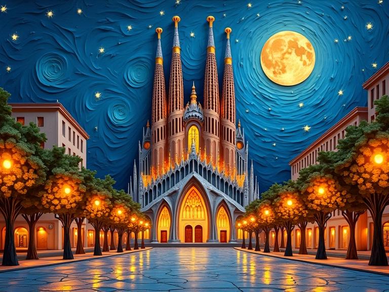 A vibrant papercraft panorama showcases the Barcelona skyline at night. Thick textured layers create an impasto effect featuring metallic colors and reflections. The scene is illuminated by warm street lights with Sagrada Familia as the main subject under a full moon in a Van Gogh-style sky.