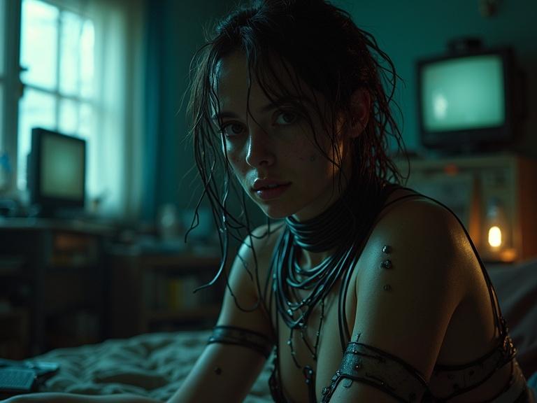 Close-up portrait of a character in a cluttered cyberpunk bedroom. Character features visible cybernetic modifications with wiring and data ports. Bedroom filled with worn technology and glowing screens. Atmosphere reflects a gritty, melancholic life. Character's expression shows weariness and defiance. Art style inspired by William Gibson's works.