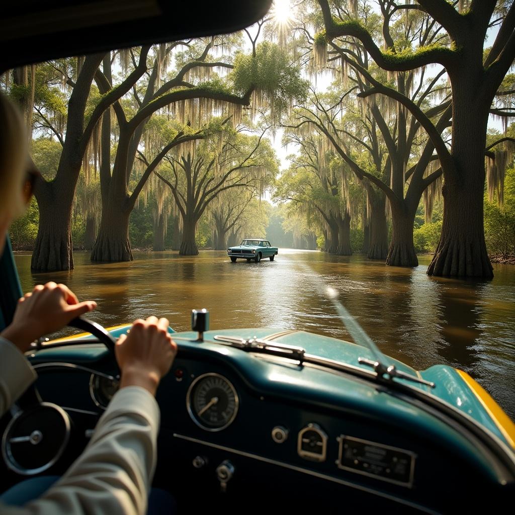 Driver operating a vintage car on a scenic bayou in Louisiana surrounded by cypress trees. The view shows the car on the water with hanging moss and sunlit foliage.