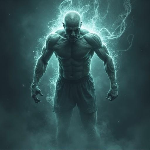 Illustration depicts an athletic man with a muscular build. Ethereal glow surrounds the figure depicting possession by spiritual force. Dramatic lighting enhances the supernatural effect.