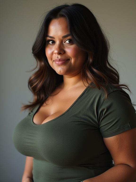 Portrait of a confident woman in a tight green shirt looking at the viewer. She has long hair and a friendly expression, captured in natural lighting with a soft background.