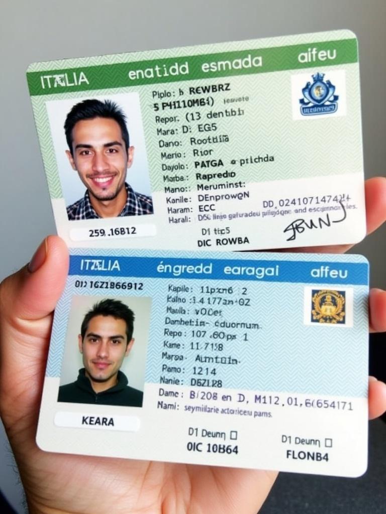 An Italian identity card is held in a person's hand. The card features green and blue tones typical of government designs. The card includes security features and personal information alongside a clear photograph. The dimensions and structure follow official regulatory standards for identification documents.