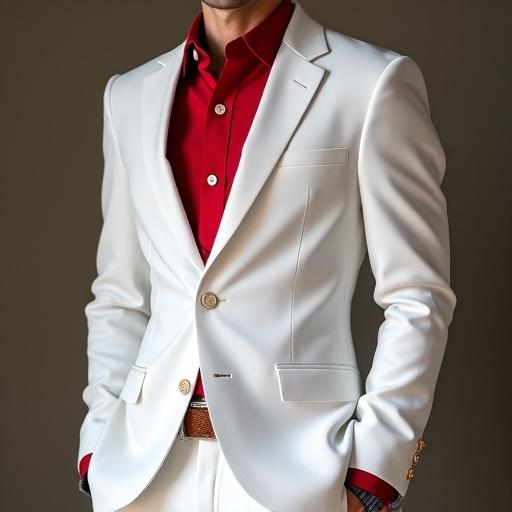 Mannequin wearing a white suit with a red tie and shirt