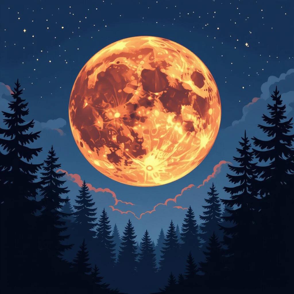 A vast forest is depicted under a full moon. The moon appears grandiose, glowing with a rich red hue. Tall pine trees surround the base and create a mysterious atmosphere. The artwork is illustrated in a comic book style, enhancing its dramatic effect.