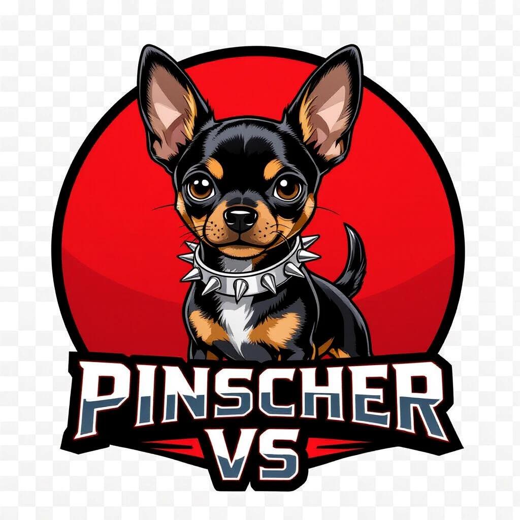 Logo of a miniature pinscher dog. The dog has glossy black and tan fur and sharp eyes. It wears a silver spiked collar. A bold red background is behind the dog. Text 'Pinscher vs' appears below the dog. The design is clean and professional. Transparent background.