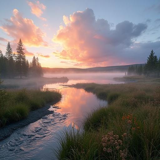 A scenic landscape photo showcases a polar tundra plain with dandelion bogs featuring a river flowing into a large lake. Tall grass and shrubbery surround the lake, with small spruce, pine, and dwarf birch trees on bumps overgrown with blueberry bushes. Distant bog hills covered with blueberry bushes are visible. The sky displays vibrant orange, pink, and blue hues during the afternoon with the sun at the upper left. The ground shows sphagnum bog moss and jagel. Reflections of clouds and vegetation in the lake, with drifting fog create a peaceful mood of morning freshness and calmness. High detail photography.