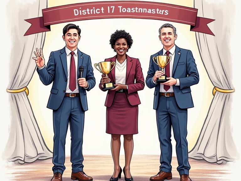 Drawing of three adults in professional clothing standing on a stage. Asian man on the left holds a trophy and a microphone. Black woman in the middle holds the largest trophy. White man on the right holds a medium trophy. A large banner behind them reads "District 17 Toastmasters". Use maroons and navy blues.
