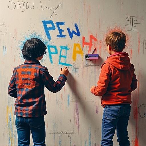 Two children are coloring on a wall. They use bright crayons. The wall is messy with graffiti text. One child wears a plaid shirt. The other child wears a red hoodie. They engage in playful creativity.