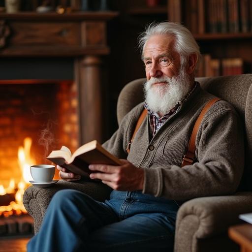 Elderly man sits in large armchair by a fireplace. He has white hair and beard with a warm smile. Wearing a cozy cardigan and jeans. Holding a book with a cup of tea nearby. The room is warmly lit with rustic decor. The atmosphere is inviting and tranquil.